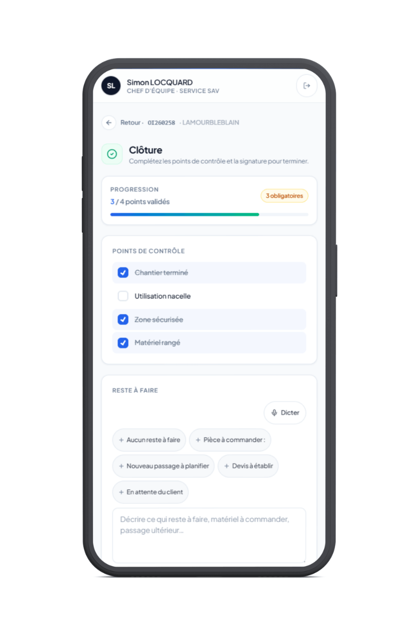 Écran de clôture d'intervention avec points de contrôle et reste à faire dans l'application web SAV et Chantier de Synoptic ERP